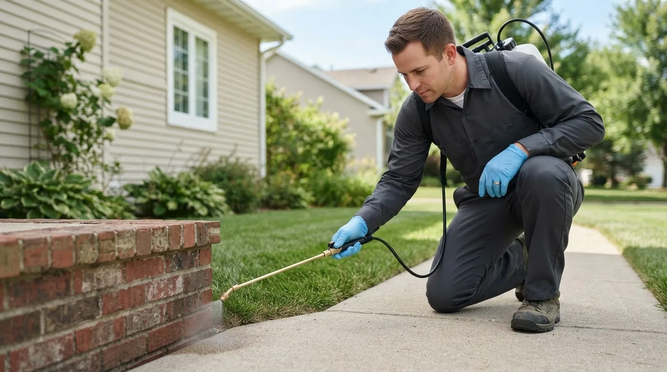 Pest control technician treating a home near Kent, CT
